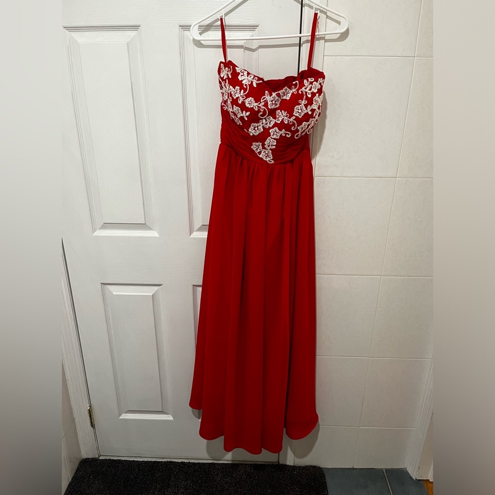 Red prom dress with white floral embroidery